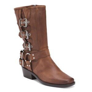 ATELIER Cognac Leather Steffie Mid Calf Motorcycle Boots